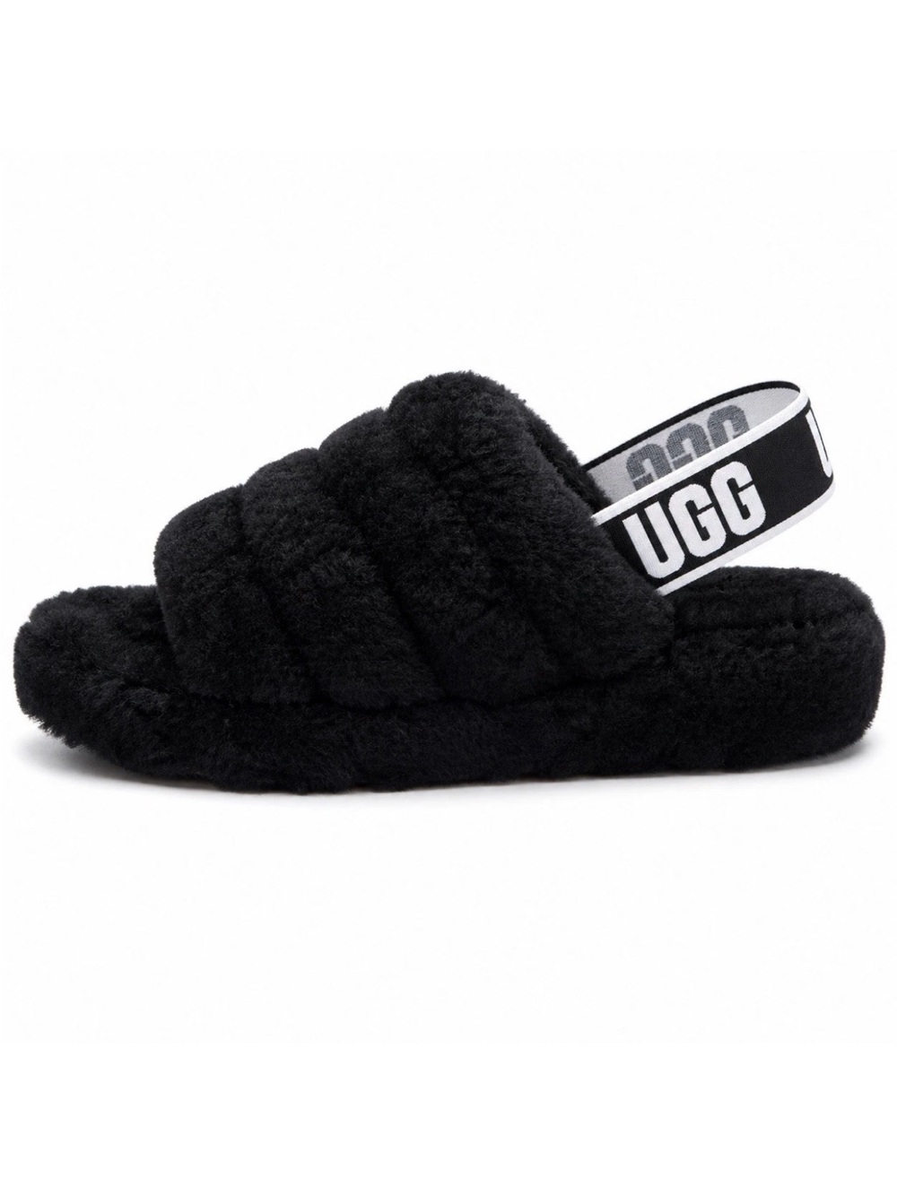 UGG Fluff Yeah Black Fur Slide Slippers Women's Size 7 Logo Elastic Strap